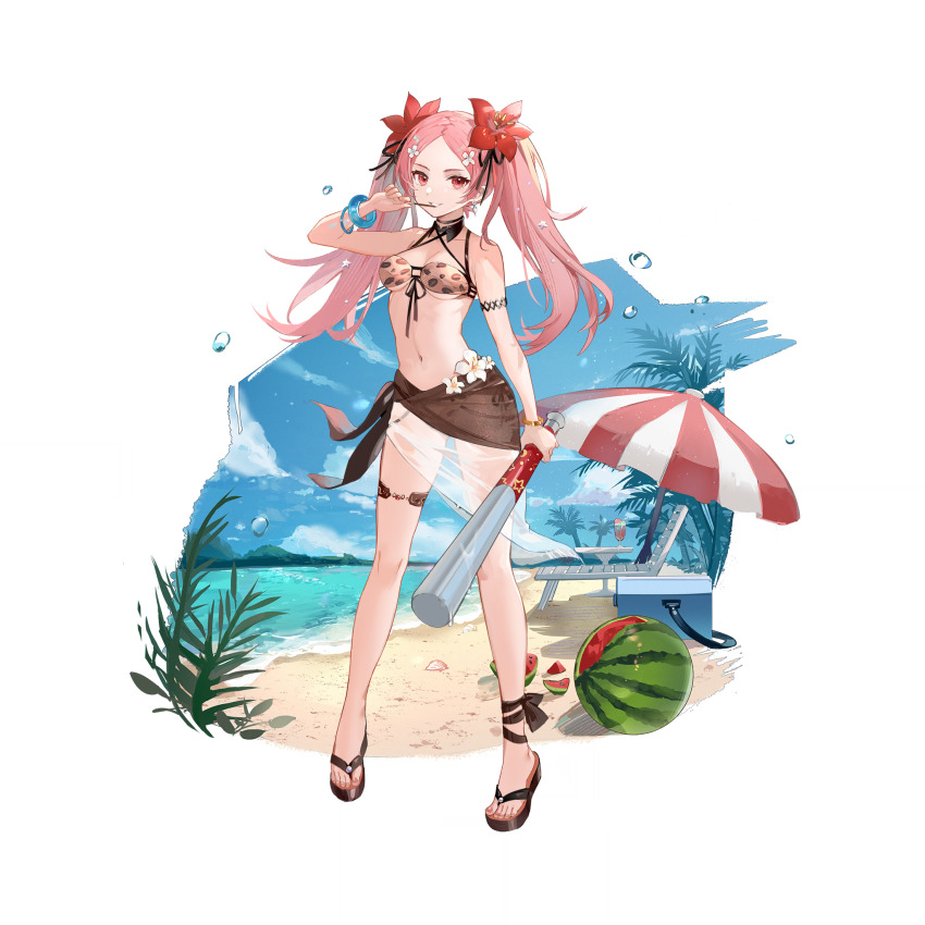 1girl, ares_(honkai_gakuen), bare_shoulders, baseball_bat, beach, bikini, bracelet, breasts, cloud, drink, earrings, flower, food, fruit, full_body, hair_flower, hair_ornament, highres, holding, holding_baseball_bat, honkai_(series), honkai_gakuen, jewelry, long_hair, navel, ocean, official_art, palm_tree, pink_hair, red_eyes, sand, sandals, sarong, smile, solo, standing, swimsuit, thigh_strap, third-party_source, transparent_background, tree, twintails, umbrella, underboob, water, water_drop, watermelon, white_flower