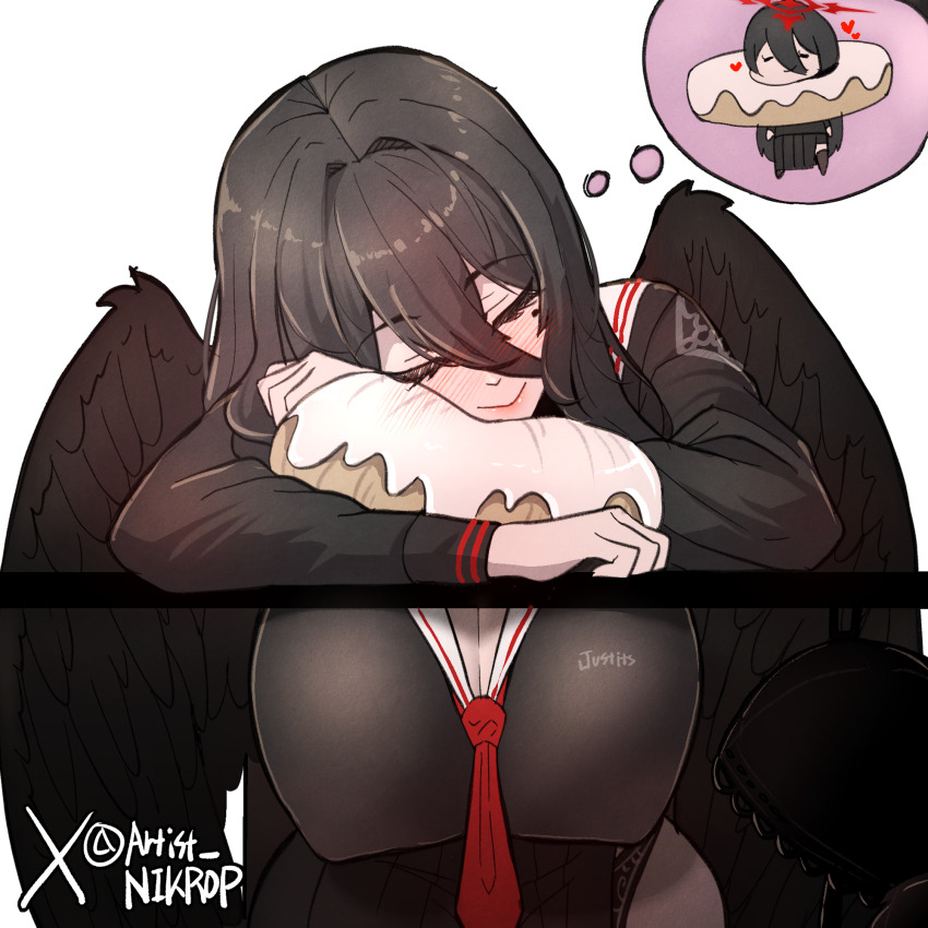 1girl, black_choker, black_hair, black_serafuku, black_wings, blue_archive, breasts, choker