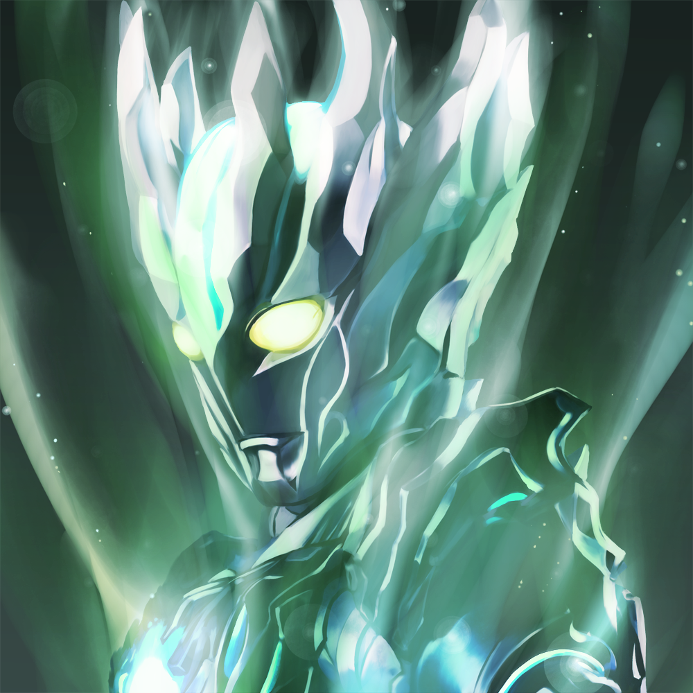 1boy, alien, armor, aura, blue_armor, blue_gem, color_timer, colored_skin