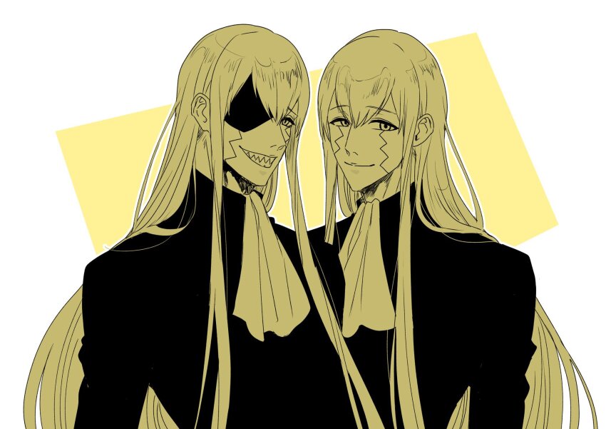 2boys, ascot, black_shirt, dual_persona, eyepatch, facial_mark, grin, highres