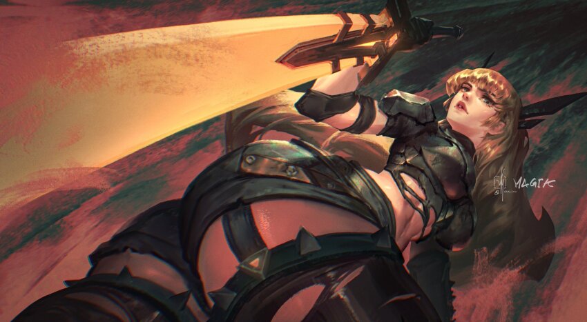 1girl, armor, ass, blonde_hair, blue_eyes, crop_top, gloves, highres, holding, holding_sword, holding_weapon, limbosovereign, long_hair, looking_at_viewer, magik_(x-men), marvel, marvel_rivals, navel, short_shorts, shorts, solo, sword, weapon, x-men