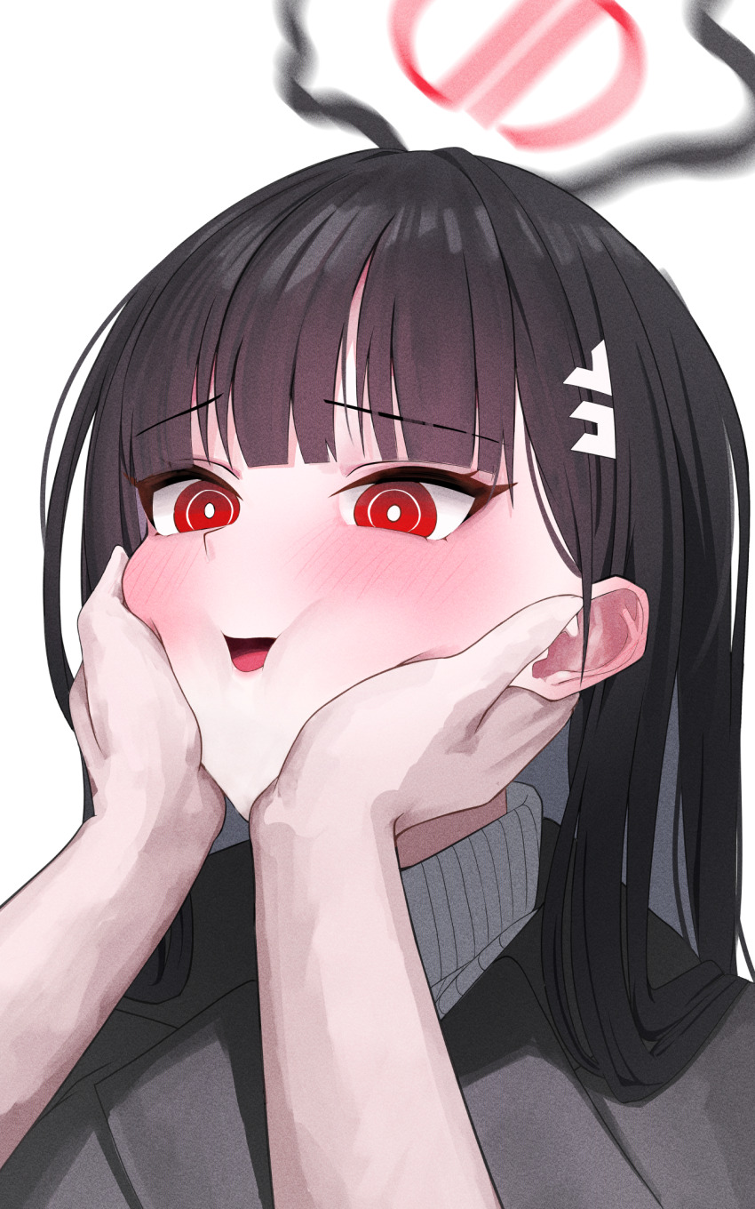 1girl, 1other, black_hair, blazer, blue_archive, blush, hair_ornament, hairclip