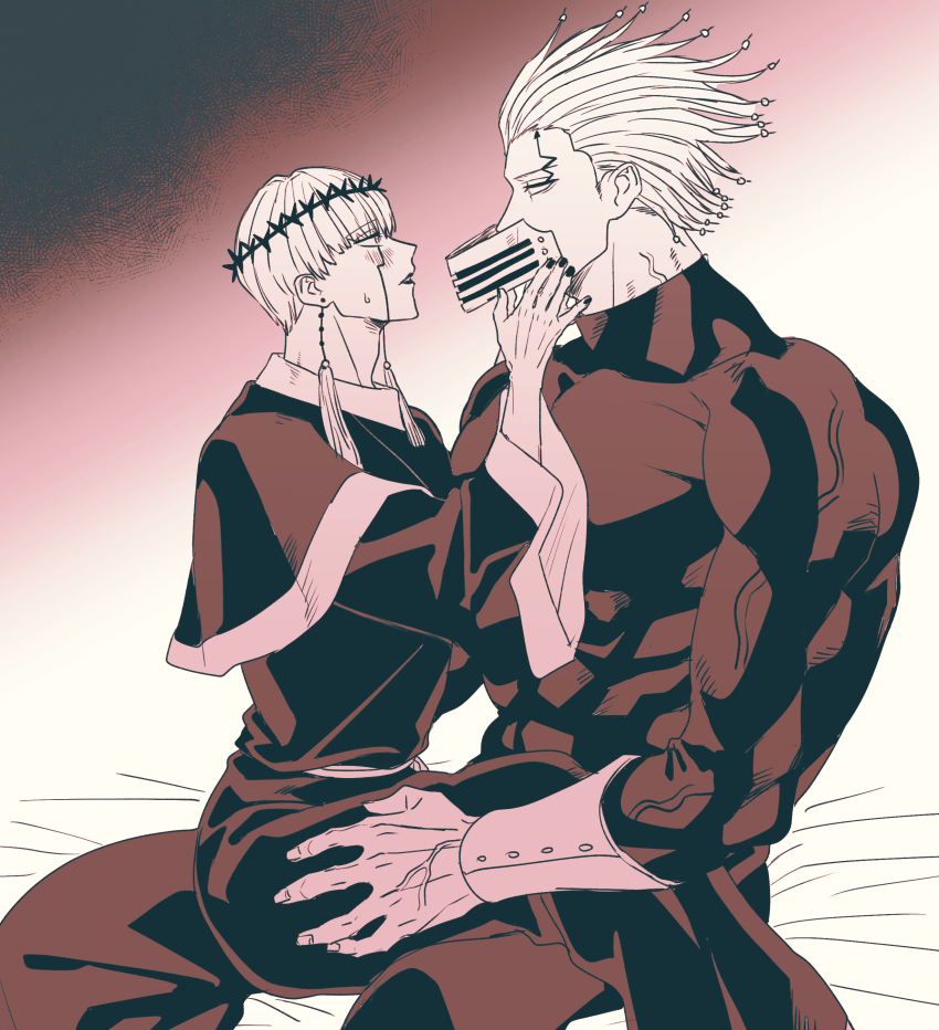 2boys, abs, absurdres, blush, bodystocking, capelet, cell_war, doom_(mashle), earrings, facial_mark, highres, jewelry, long_sleeves, mashle, matsurika_0707, monochrome, multiple_boys, spiked_hair, veins, veiny_arms, wide_sleeves, yaoi