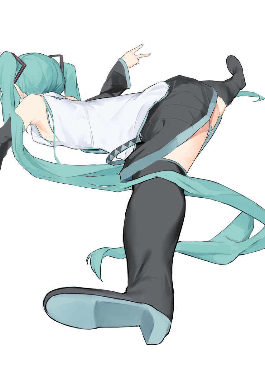 1girl, aqua_hair, aqua_nails, aqua_panties, ass, black_boots, black_skirt, black_sleeves, black_thighhighs, boots, commentary, detached_sleeves, flexible, from_behind, grey_shirt, hair_spread_out, hand_up, hatsune_miku, highres, long_hair, long_sleeves, lying, miniskirt, nail_polish, on_stomach, panties, pantyshot, pocche-ex, shirt, shoe_soles, side_sitting_split, simple_background, sitting_split, skirt, sleeveless, sleeveless_shirt, solo, split, spread_legs, thigh_boots, thighhighs, twintails, underwear, v, very_long_hair, vocaloid, white_background, wide_sleeves