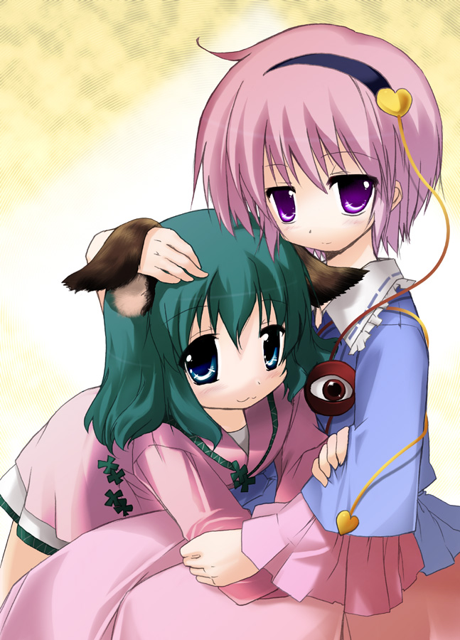 2girls, :3, animal_ears, blue_eyes, blue_shirt, ear_lift, female_focus, green_hair