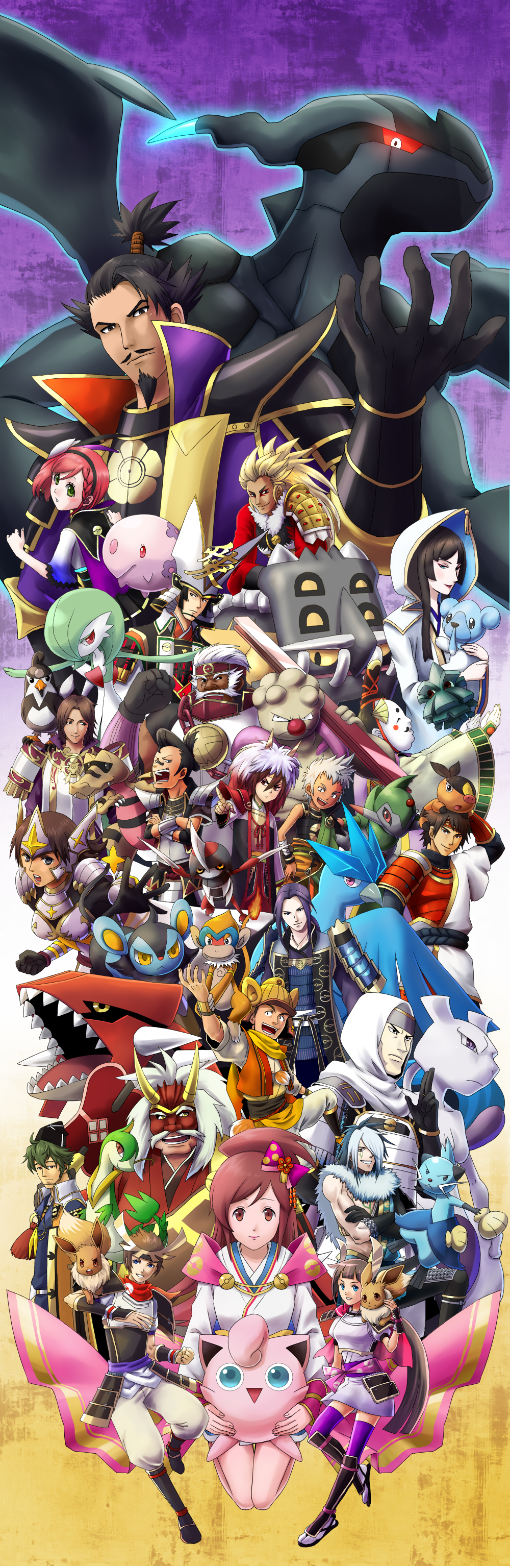 absurdres, akechi_mitsuhide_(sengoku_musou), armor, articuno, aya_(sengoku_musou), bastiodon, chosokabe_motochika_(sengoku_musou), cubchoo