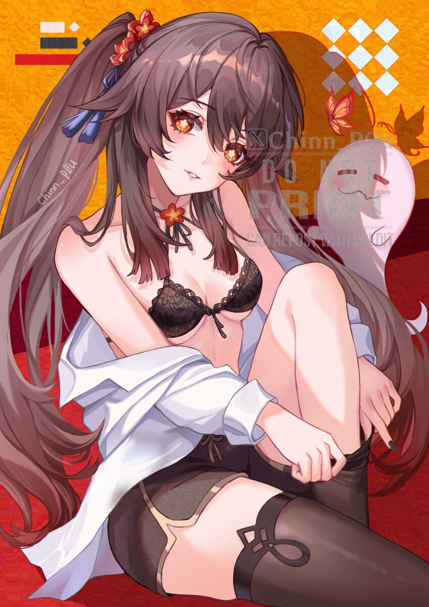 1girl, absurdres, adjusting_clothes, adjusting_legwear, adversarial_noise, bare_shoulders, black_bra, black_nails