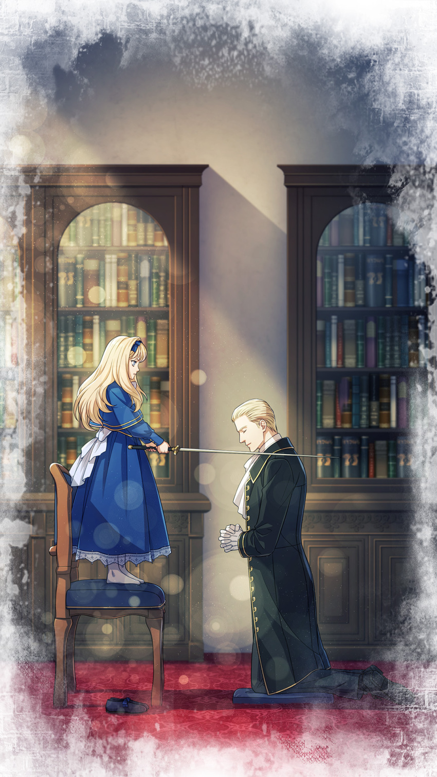 1boy, 1girl, aged_down, black_coat, black_footwear, blonde_hair, blue_bow, blue_capelet, blue_dress, bookshelf, bow, capelet, chair, closed_eyes, coat, cyrus_faulkner, dress, gloves, hair_bow, hair_slicked_back, highres, holding, holding_sword, holding_weapon, indoors, kneeling, long_hair, on_chair, pixiv_fantasia, pixiv_fantasia_scepter_of_zeraldia, profile, red_carpet, shima108, shoes, standing, standing_on_chair, sword, unworn_shoes, weapon, white_gloves