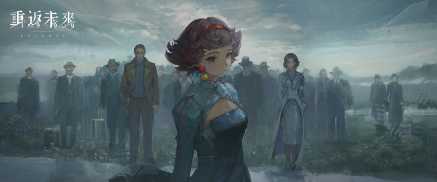 1boy, 2girls, arms_behind_back, black_footwear, blue_sweater, breasts, brown_eyes, brown_hair, brown_jacket, brown_pants, cleavage, cleavage_cutout, clipboard, closed_mouth, clothing_cutout, coat, copyright_name, crowd, dorothea_(reverse:1999), dress, earrings, grass, grey_dress, grey_skirt, grey_sky, hairband, hand_in_pocket, highres, id_card, jacket, jewelry, logo, long_skirt, long_sleeves, looking_at_viewer, medium_breasts, mesmer_jr., multiple_girls, official_art, outdoors, overcast, pants, pencil_skirt, people, red_hairband, reverse:1999, short_hair, skirt, sky, standing, stethoscope, sunglasses, sweater, upper_body, white_coat, wide_shot