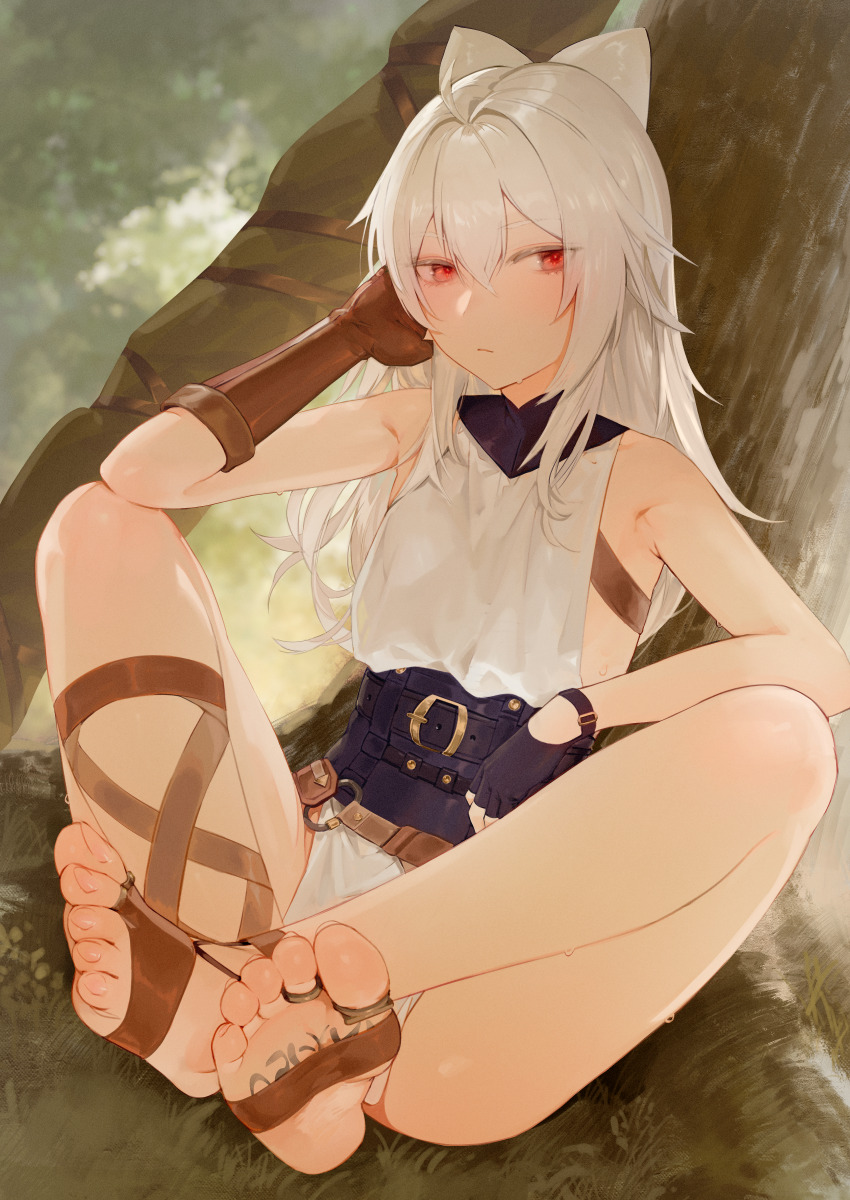 1girl, absurdres, aos, arlenbell, asymmetrical_gloves, asymmetrical_legwear, bare_shoulders, barefoot, belt, belt_buckle, black_gloves, brown_gloves, buckle, commission, day, feet, fingerless_gloves, flat_chest, foot_focus, foot_tattoo, foreshortening, forest, gloves, hair_between_eyes, highres, in_tree, indian_style, leather, leather_gloves, leather_strap, light_frown, long_hair, looking_at_viewer, looking_to_the_side, mismatched_gloves, multiple_belts, nature, original, outdoors, pale_skin, pixiv_commission, red_eyes, scar_on_foot, shiny_skin, single_fingerless_glove, sitting, sitting_in_tree, soles, solo, sweat, sweatdrop, tattoo, toenails, toes, tree, white_hair