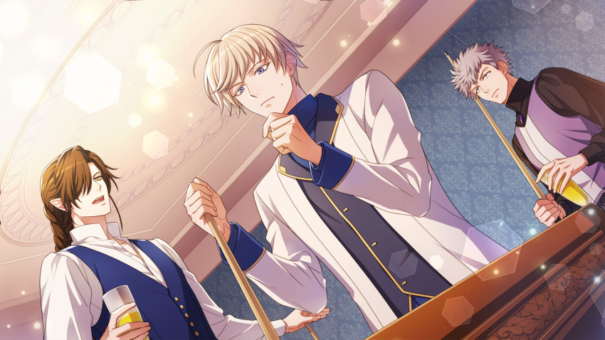 3boys, albert_faulkner, black_vest, blonde_hair, blue_eyes, blue_vest, cue_stick, cup