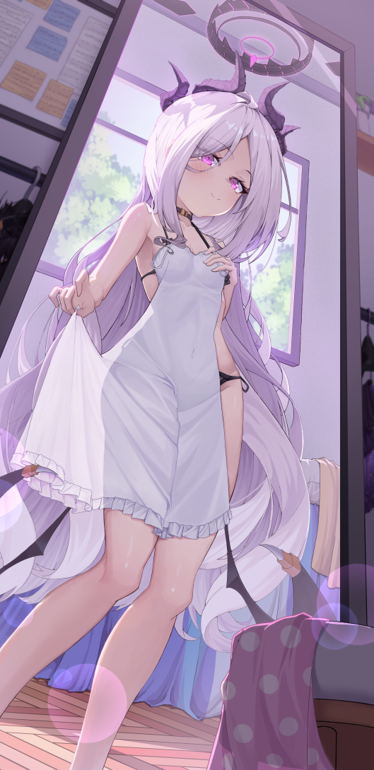 1girl, black_bra, black_panties, blue_archive, bra, breasts, closed_mouth, commentary, demon_girl, demon_horns, demon_wings, dress, grey_hair, halo, hina_(blue_archive), holding, holding_own_dress, holding_unworn_clothes, holding_unworn_dress, horns, ko_otori127, lingerie, loli, long_hair, low_wings, mirror, panties, parted_bangs, purple_eyes, purple_halo, purple_horns, reflection, reflection_focus, small_breasts, standing, underwear, underwear_only, unworn_dress, very_long_hair, wavy_hair, white_dress, wings