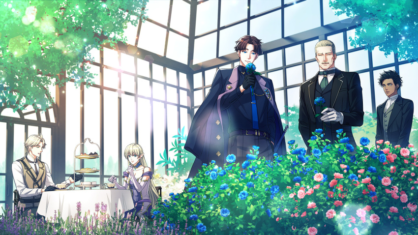 1girl, 4boys, alois_neumann, belt, black_gloves, black_hair, black_shirt, black_suit
