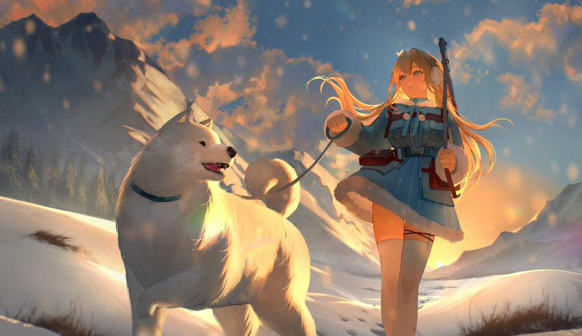 1girl, absurdres, blonde_hair, blue_dress, blue_eyes, blue_jacket, chinese_commentary, cloud