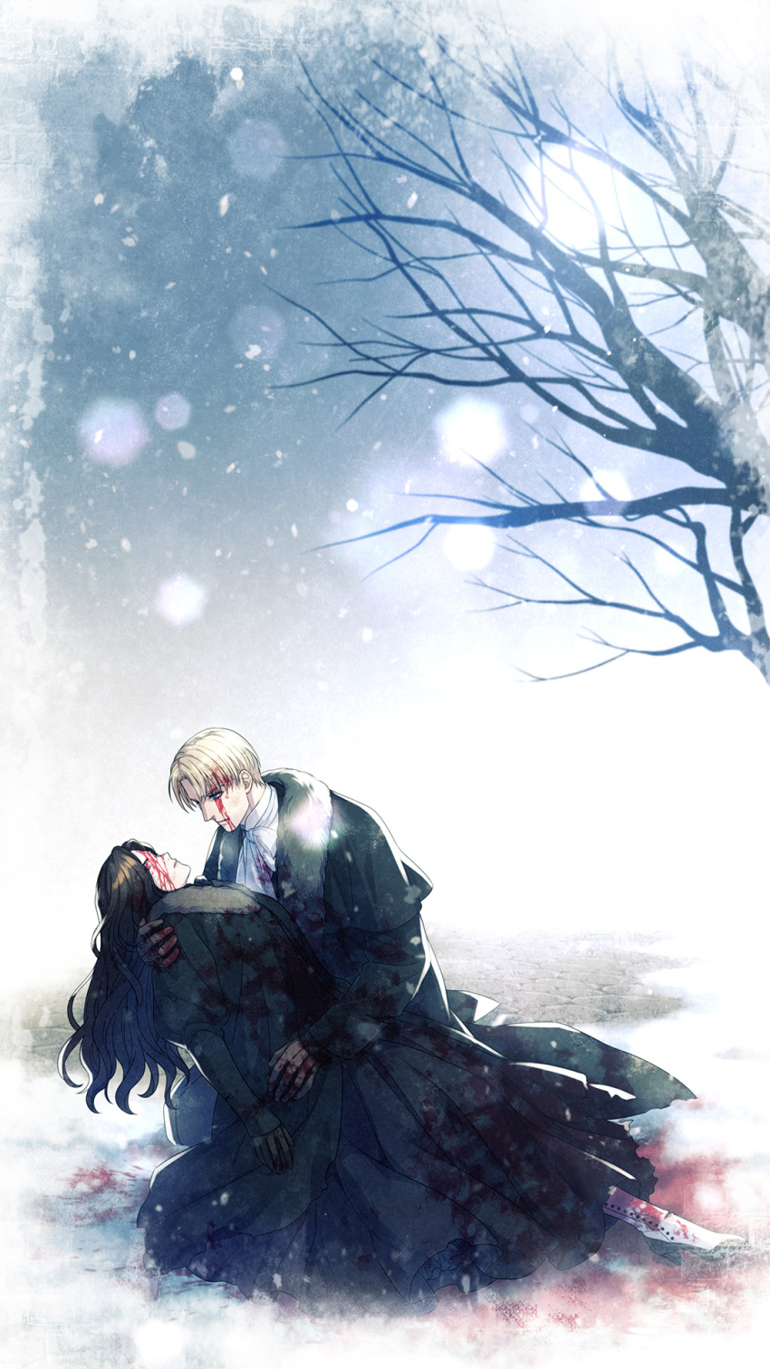 1boy, 1girl, aged_down, ascot, bare_tree, black_coat, black_hair, blonde_hair