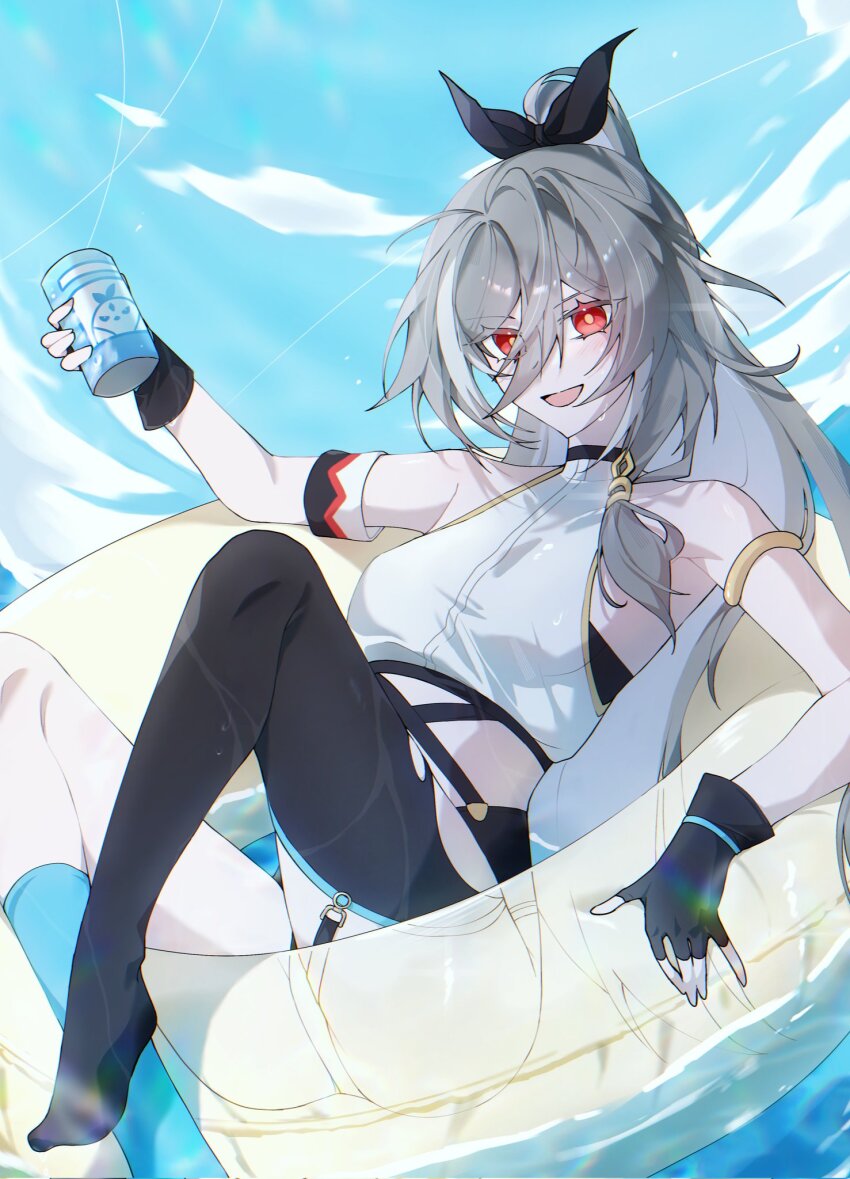 1girl, asymmetrical_legwear, black_gloves, black_ribbon, blue_sky, commentary, drink, fingerless_gloves