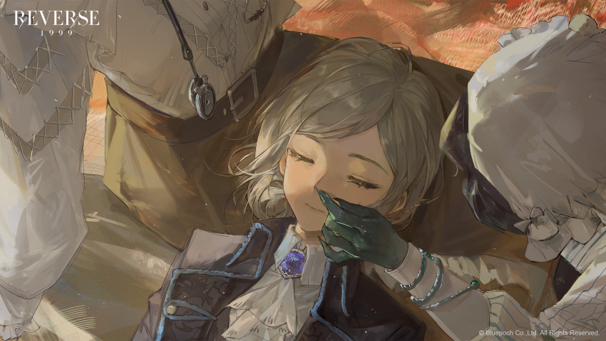 3girls, anjo_nala, ascot, belt, black_hair, blue_coat, brooch, brown_belt