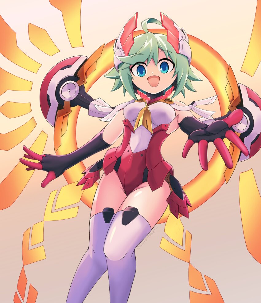 1girl, absurdres, ahoge, azure_striker_gunvolt, azure_striker_gunvolt_2, blue_eyes, breasts, brown_background, cowboy_shot, energy_wings, gradient_background, green_hair, headgear, highres, leotard, medium_breasts, red_leotard, roro_(gunvolt), short_hair, solo, surrealmason, thighhighs, white_leotard, white_thighhighs