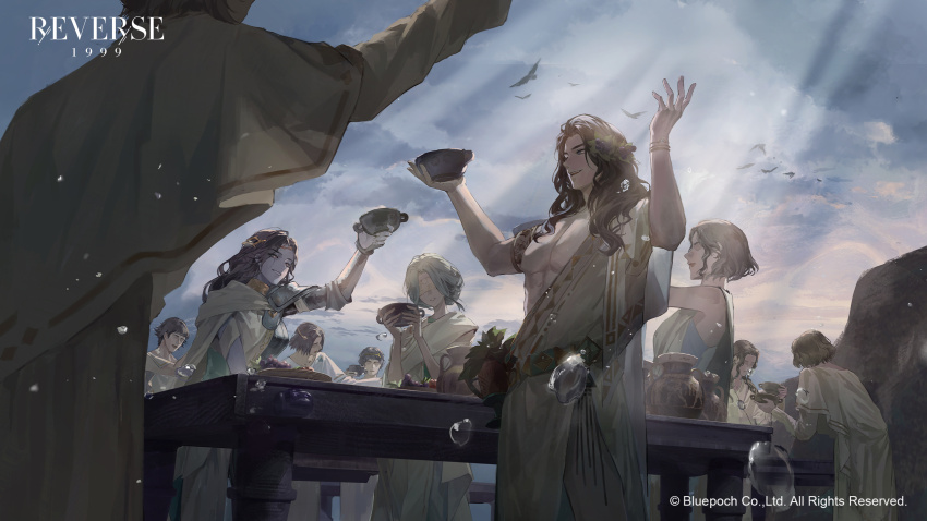 210_(reverse:1999), 3girls, 6+boys, 888_(reverse:1999), :d, ancient_greek_clothes, arm_armor, arm_up