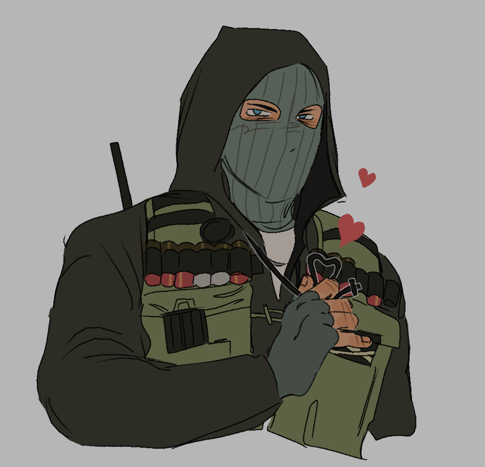 1boy, balaclava, blue_eyes, blush, call_of_duty, call_of_duty:_black_ops, gears, gloves, green_gloves, green_mask, heart, mask, mask_on_head, military, simple_background, stone_(call_of_duty), tactical_clothes, waxxed_doghouse
