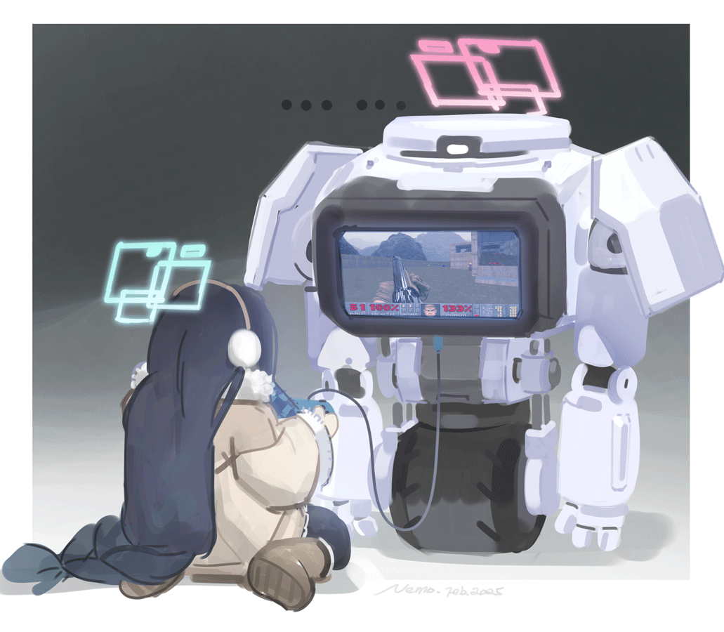 ..., 1girl, animated, animated_gif, aris_(blue_archive), aris_(winter)_(blue_archive), black_hair, blue_archive, blue_halo, boots, brown_jacket, controller, doom_(series), doom_i, earmuffs, game_controller, halo, holding, holding_controller, holding_game_controller, jacket, kei_(amas)_(blue_archive), kei_(blue_archive), long_hair, long_sleeves, monitor, nemo_(leafnight), non-humanoid_robot, pink_halo, playing_games, playing_video_games, robot, sitting, very_long_hair, wide_sleeves