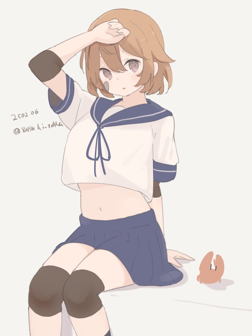 1girl, bandaid, bandaid_on_face, blue_sailor_collar, blue_skirt, brown_eyes, brown_hair, crab