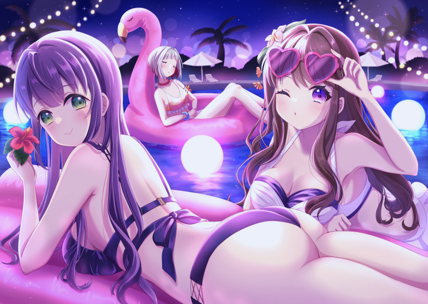 3girls, absurdres, alternate_costume, ass, back, bikini, blurry, blush