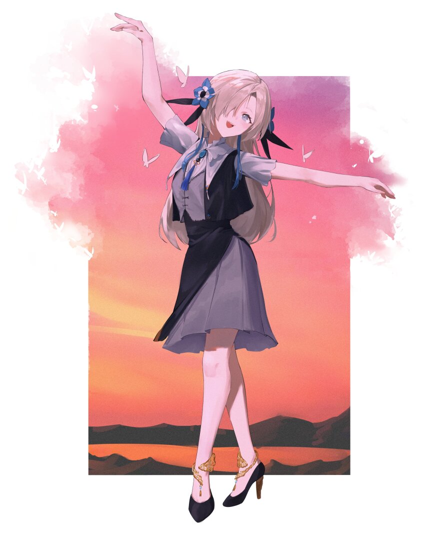 1girl, absurdres, anklet, asymmetrical_bangs, bare_legs, blue_eyes, border, brooch