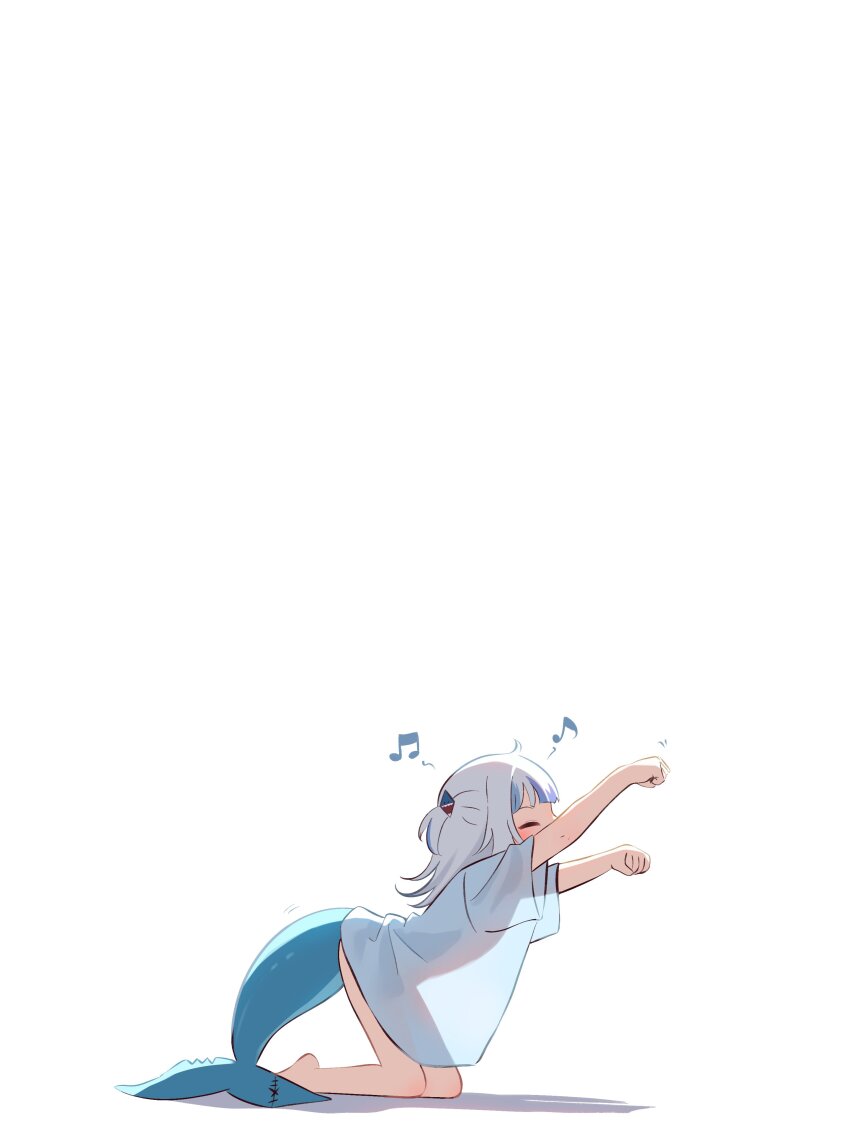 1girl, absurdres, blue_hair, blush, closed_eyes, fins, fish_tail, flat_chest