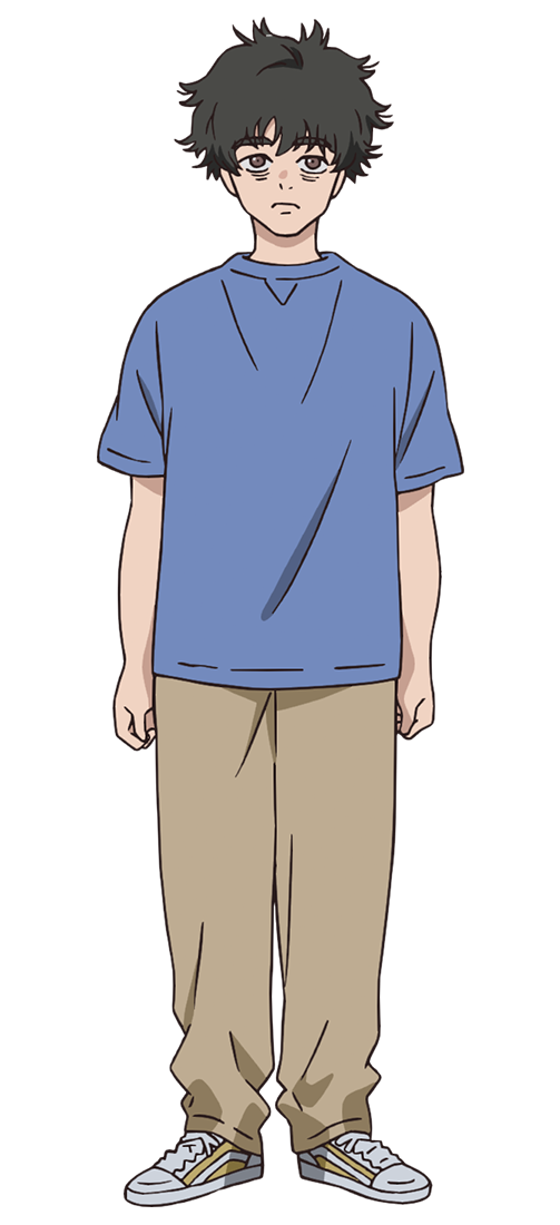 1boy, arms_at_sides, bags_under_eyes, black_eyes, black_hair, blue_shirt, brown_pants, clenched_hands