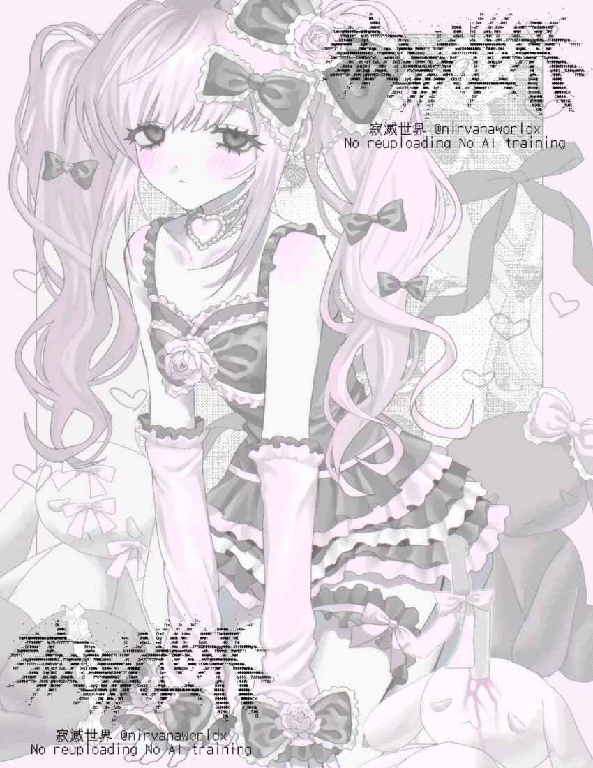 1girl, aegyo_sal, arm_support, arm_warmers, bare_shoulders, black_border, blood, blush