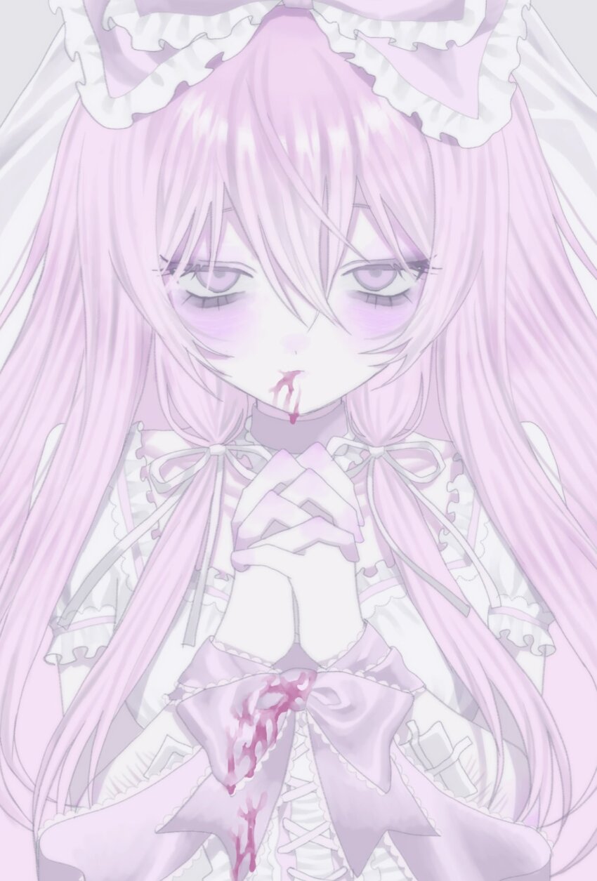 1girl, aegyo_sal, blood, blood_from_mouth, blood_on_clothes, blush, bound, bound_wrists, bow, closed_mouth, colored_skin, cross-laced_clothes, cross-laced_top, cuts, double-parted_bangs, frilled_sleeves, frills, gauze_on_arm, grey_background, hair_between_eyes, hair_bow, hair_ribbon, hands_up, hashtag-only_commentary, highres, injury, interlocked_fingers, long_hair, looking_at_viewer, low-tied_long_hair, meidodown, original, own_hands_clasped, own_hands_together, pink_blood, pink_bow, pink_eyes, pink_hair, puffy_short_sleeves, puffy_sleeves, ribbon, scar, self-harm, self-harm_scar, shirt, short_sleeves, simple_background, solo, straight-on, upper_body, veil, white_ribbon, white_shirt, white_skin, white_veil, wrist_cutting, yami_kawaii
