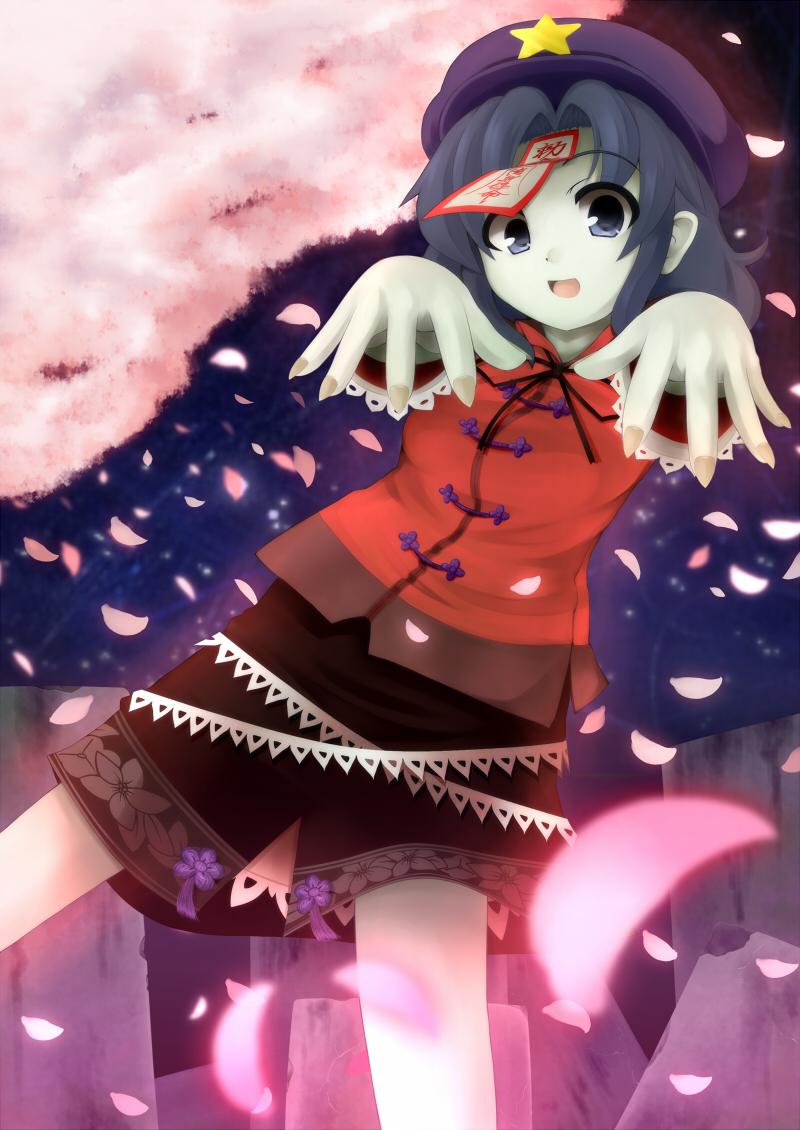 1girl, beret, blouse, blue_eyes, blue_hair, blurry, newsboy_cap, cherry_blossoms