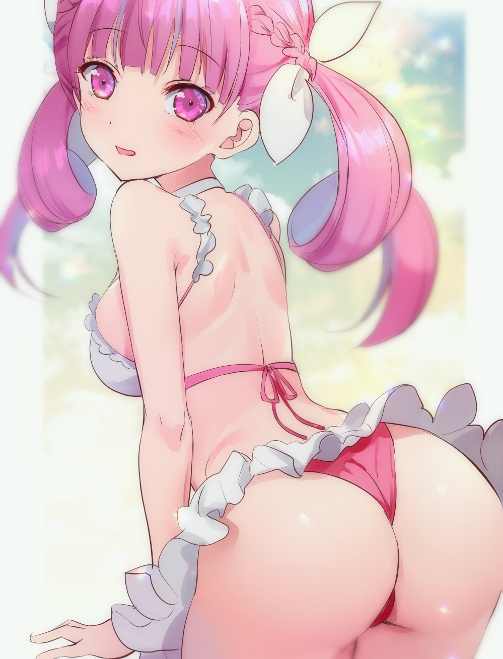1girl, ass, back, bare_shoulders, bikini, blurry, blurry_background, blush, braid, breasts, choker, curly_hair, from_behind, hair_ribbon, highres, hololive, long_hair, looking_at_viewer, looking_back, median_furrow, medium_breasts, minato_aqua, multicolored_hair, nta_(n_tan2), open_mouth, pink_bikini, pink_eyes, pink_hair, ribbon, smile, solo, streaked_hair, swimsuit, thighs, twintails, virtual_youtuber, white_bikini, white_choker, white_ribbon