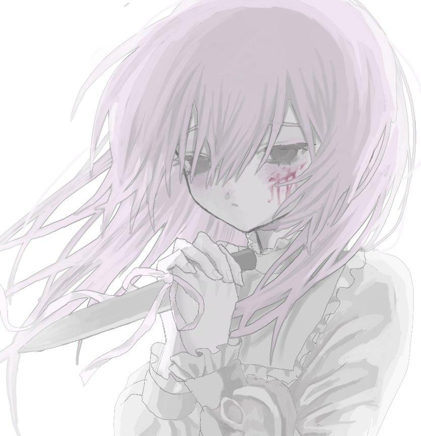 1girl, backlighting, blood, blood_on_cheek, blood_on_face, blush, closed_mouth, colored_skin