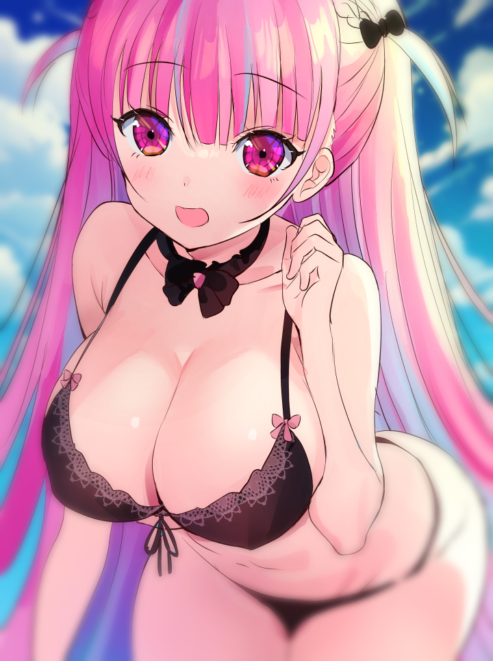 1girl, bare_shoulders, bent_over, bikini, black_bikini, black_bow, black_bowtie, black_choker