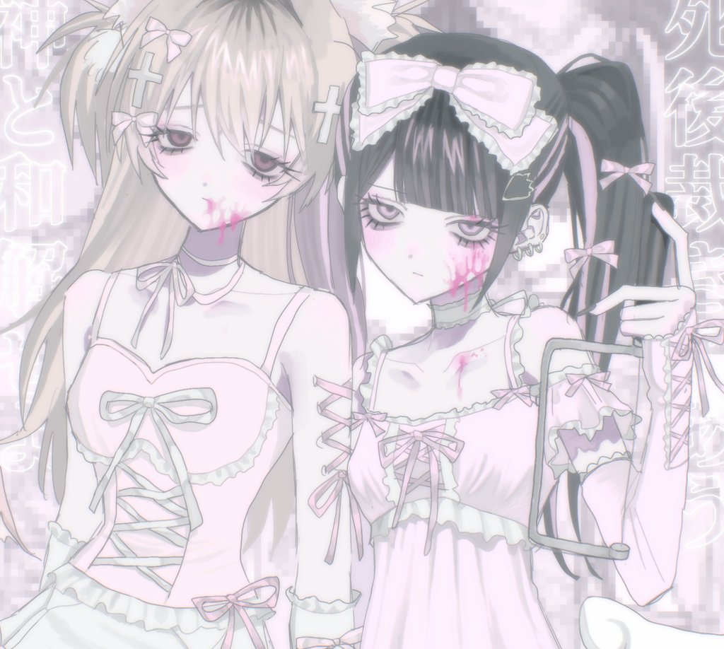 2girls, aegyo_sal, arm_warmers, bare_shoulders, black_hair, blonde_hair, blood, blood_on_cheek