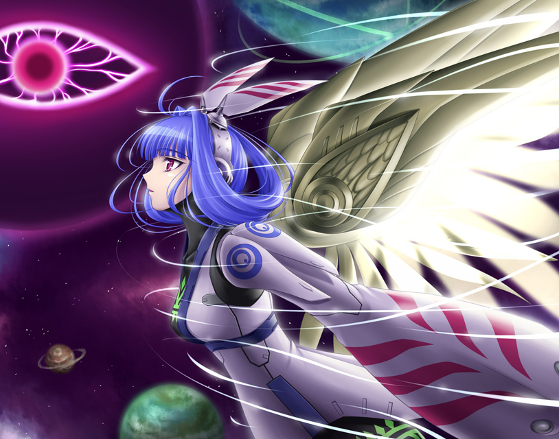 1girl, alfa_system, amane_(funfun), android, angel_wings, blue_hair, blunt_bangs, dress