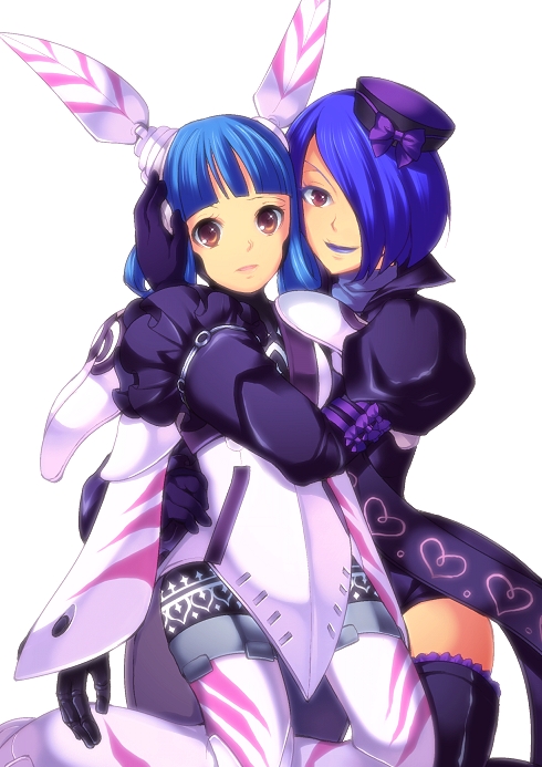 2girls, alfa_system, android, black_gloves, black_legwear, blue_hair, blue_lips, bow, brown_eyes, enoo, gloves, hair_over_one_eye, hair_rings, hand_on_another's_face, hat, hat_bow, headgear, heart, helga_neumann, hug, kneeling, lipstick, long_sleeves, looking_at_viewer, makeup, multiple_girls, phantasy_star, phantasy_star_portable, phantasy_star_universe, pink_lips, puffy_sleeves, ribbon, science_fiction, short_hair, simple_background, skirt, smile, thighhighs, vivienne_(phantasy_star), white_background, white_legwear, wide_sleeves