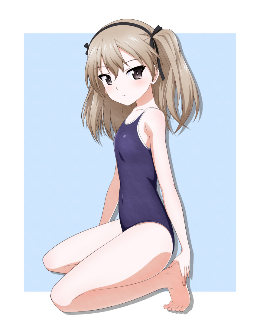 1girl, barefoot, black_ribbon, blue_background, blue_one-piece_swimsuit, brown_eyes, brown_hair, closed_mouth