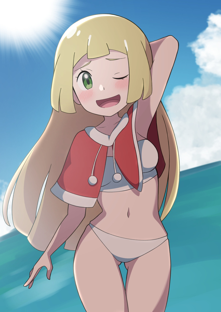 1girl, absurdres, alternate_costume, araki_megami, bikini, blonde_hair, gluteal_fold, green_eyes