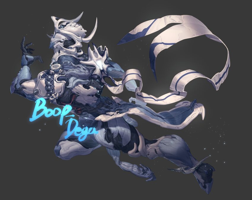 1boy, armor, bodysuit, boop_dega, cape, faceless, faceless_male, grey_background, highres, horns, joints, loincloth, male_focus, muscular, muscular_male, oberon_(warframe), running, simple_background, solo, thick_thighs, thighs, warframe, watermark, white_cape