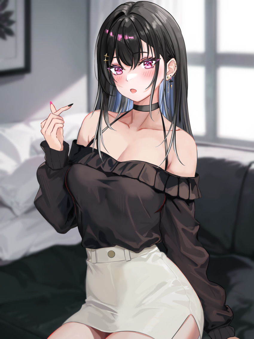 1girl, 428_(user_uzpe7478), absurdres, bare_shoulders, black_choker, black_hair, black_nails, black_sweater