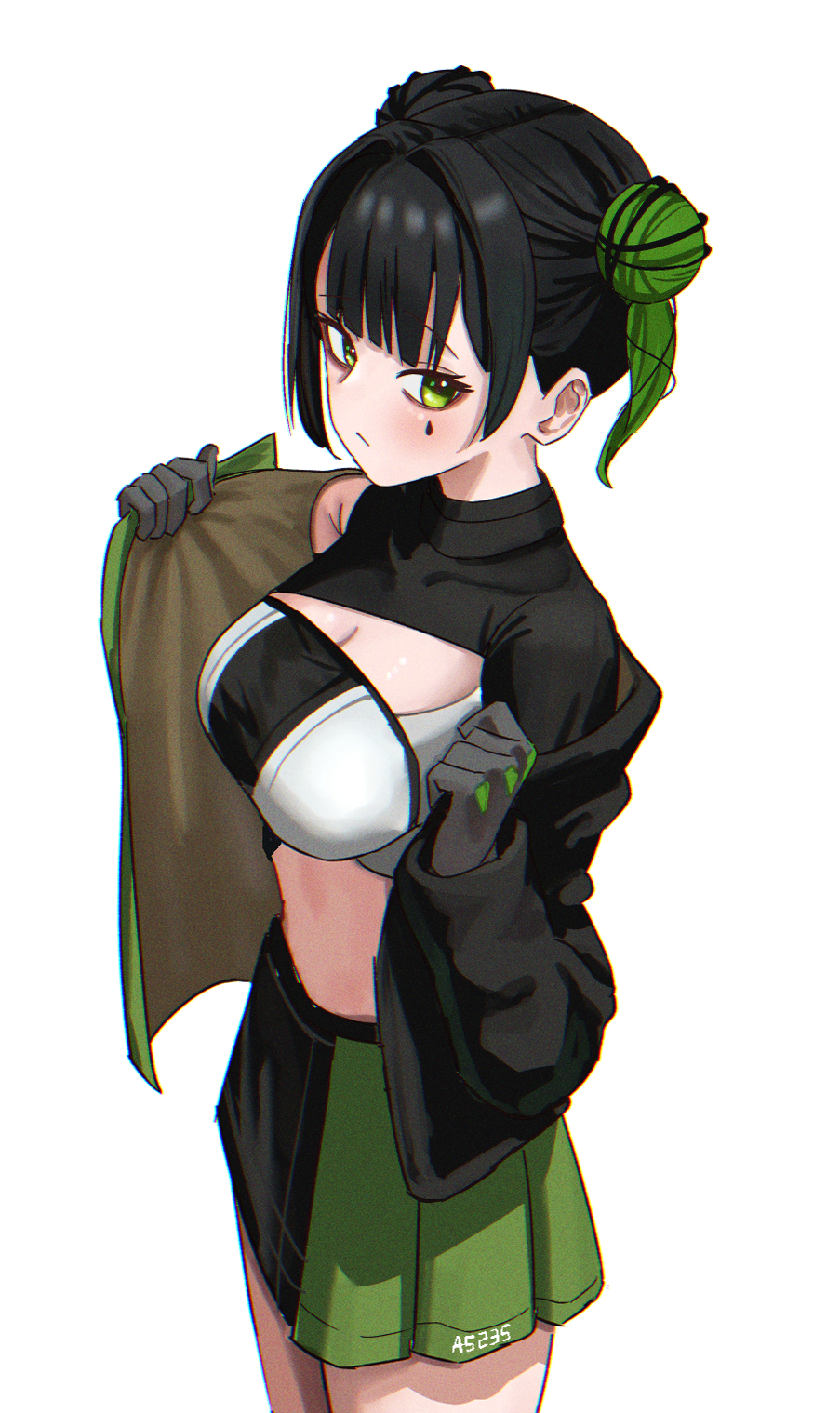 1girl, a5235, asymmetrical_clothes, black_hair, black_jacket, black_shrug, black_skirt, black_tube_top
