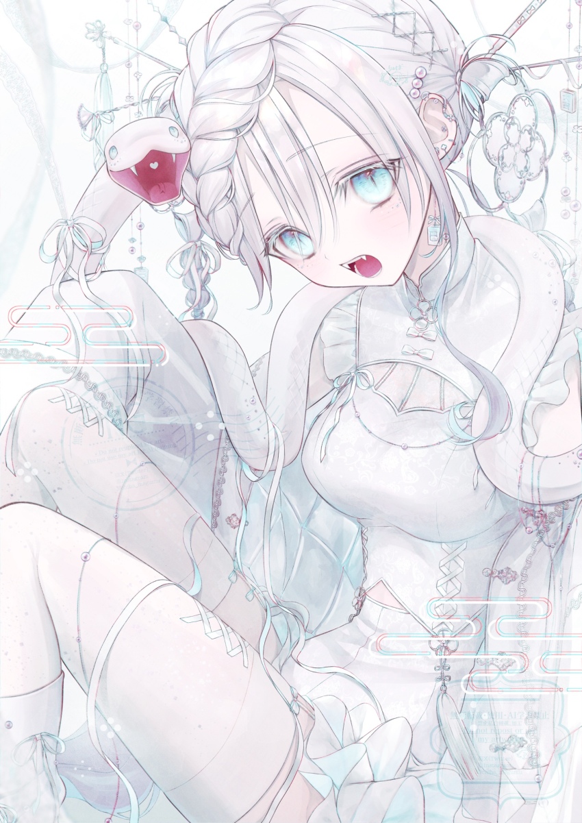 1girl, blue_eyes, blush, braid, breasts, chiba_megumu, commentary_request, dress