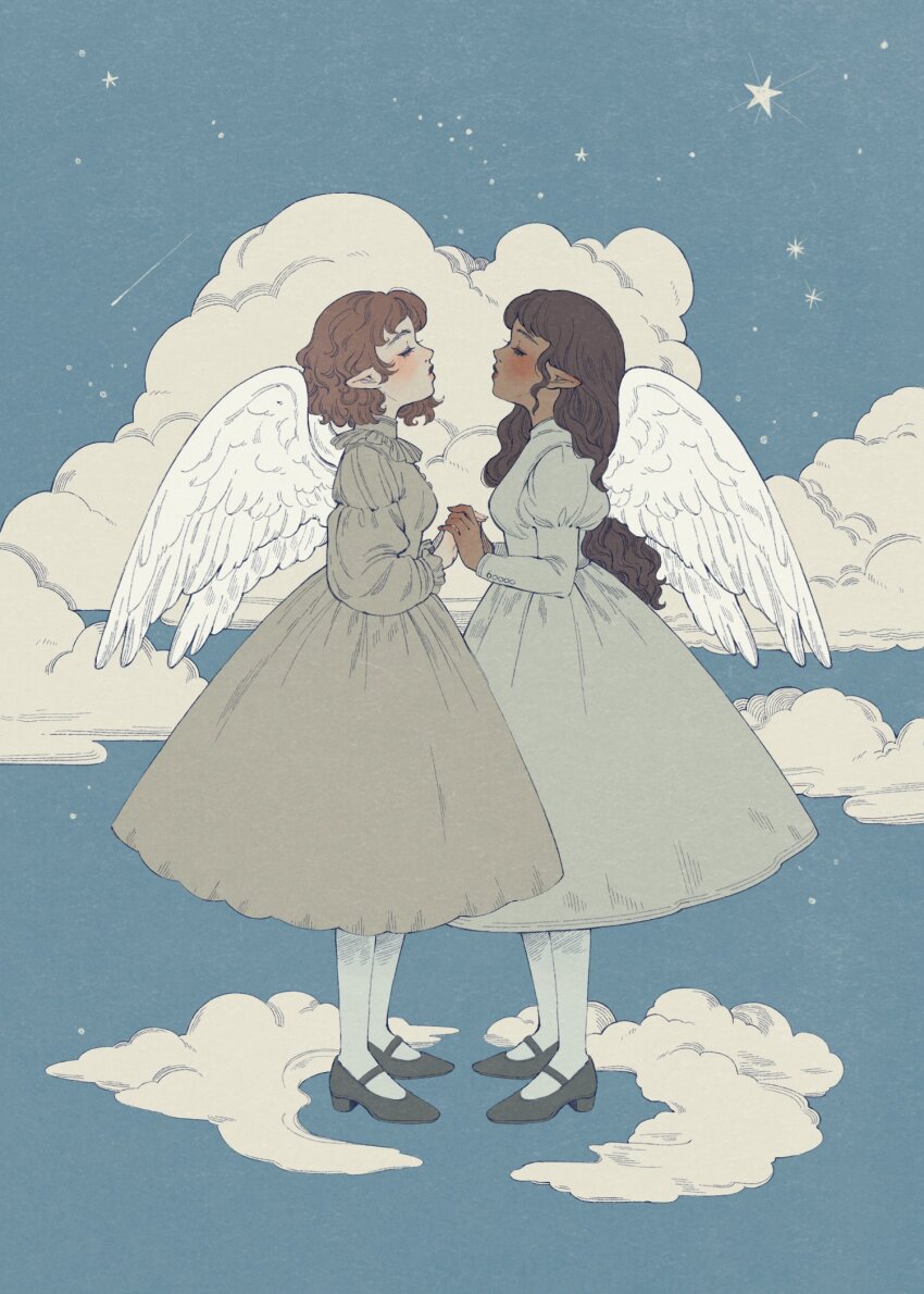 2girls, angel, angel_wings, black_footwear, blue_dress, blue_pantyhose, blue_sky, blush