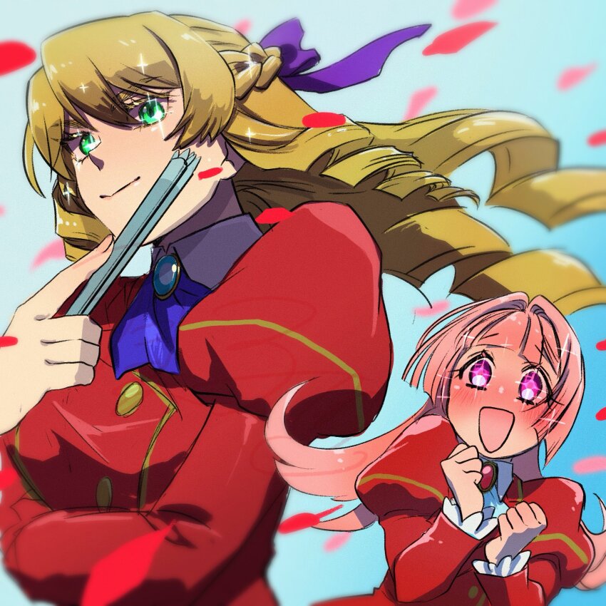 2girls, akuyaku_reijou_tensei_ojisan, anna_doll, ascot, blonde_hair, blue_background, blush, braid