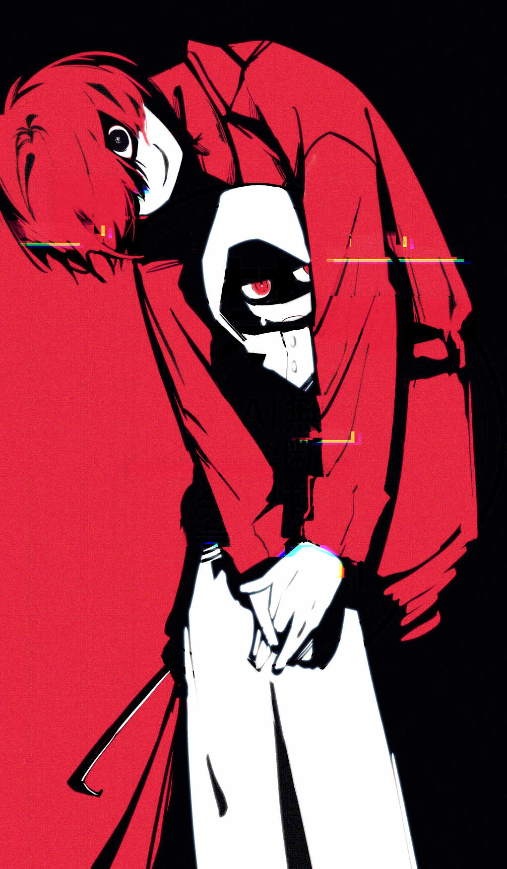 1boy, 1girl, black_eyes, commentary, crowbar, english_commentary, glitch, hair_over_one_eye, adashino_adami, highres, holding, holding_crowbar, homicipher, hood, hood_up, hug, hug_from_behind, looking_at_viewer, mr._scarletella, raincoat, red_background, red_eyes, red_hair, short_hair, sqshysiin