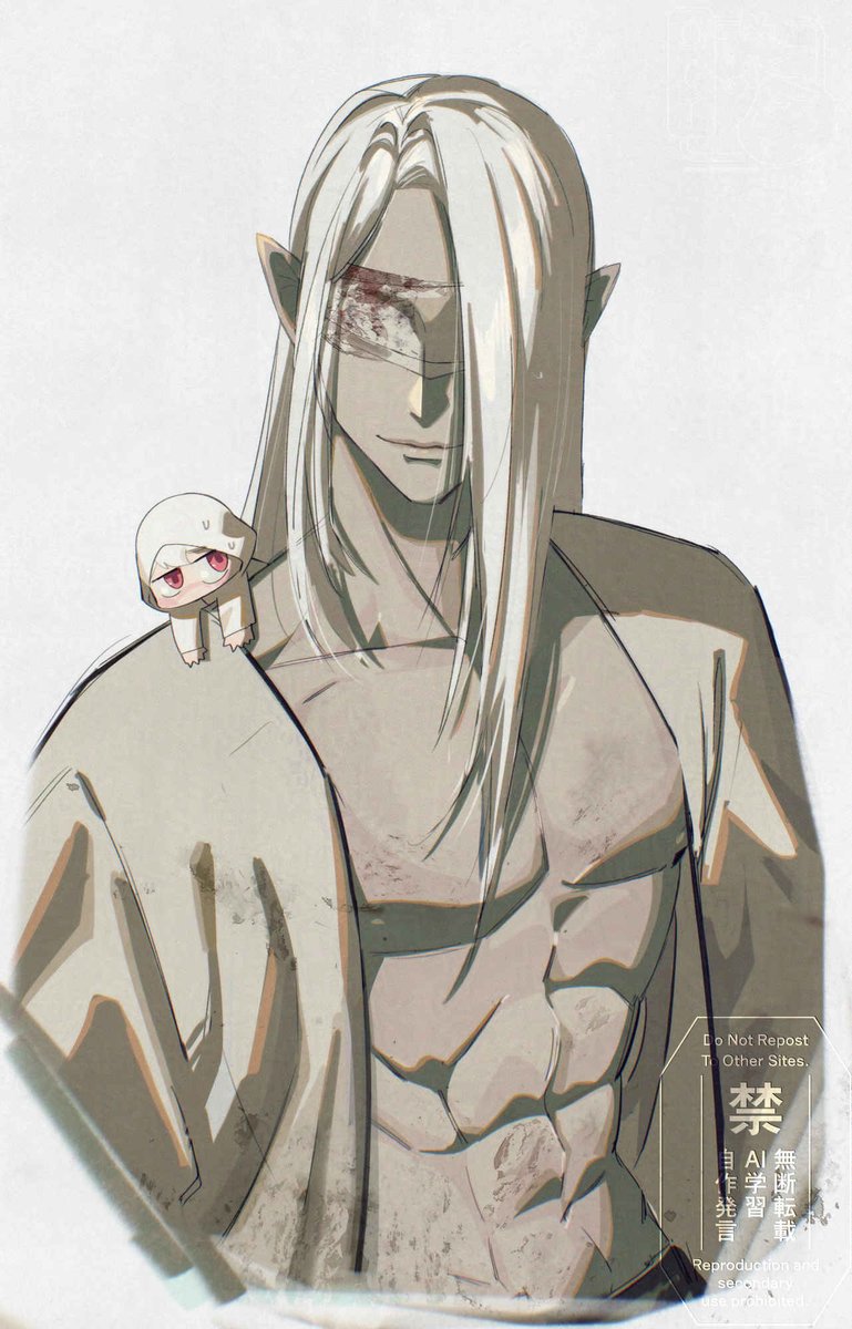 1boy, 1girl, bandages, bandages_over_eyes, blood, bloody_bandages, coat, facing_viewer