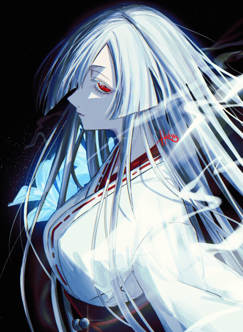 1girl, absurdres, asymmetrical_bangs, black_background, blue_flower, blunt_bangs, blunt_ends, colored_eyelashes, flower, from_side, glowing_flower, hakyusiku, hashtag-only_commentary, highres, japanese_clothes, kimono, kurono_miyamoto, long_hair, looking_at_viewer, murcielago, obi, obijime, pale_skin, parted_lips, red_eyes, sash, sideways_glance, smoke, solo, straight_hair, white_eyelashes, white_hair, white_kimono